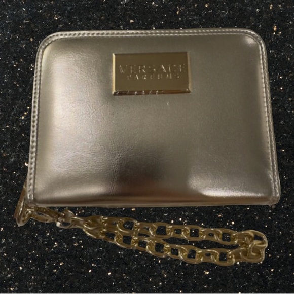Versace Handbags - NWOT Versace Parfum Zip Around Gold Wallet Clutch With Chain Travel Wristlet